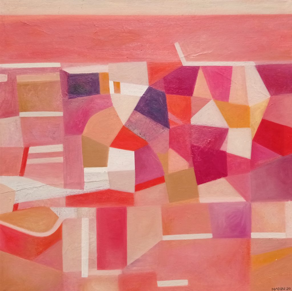 Nadin, « Paysage rouge », 2020, huile sur papier marouflée sur toile, 50 x 50 cm