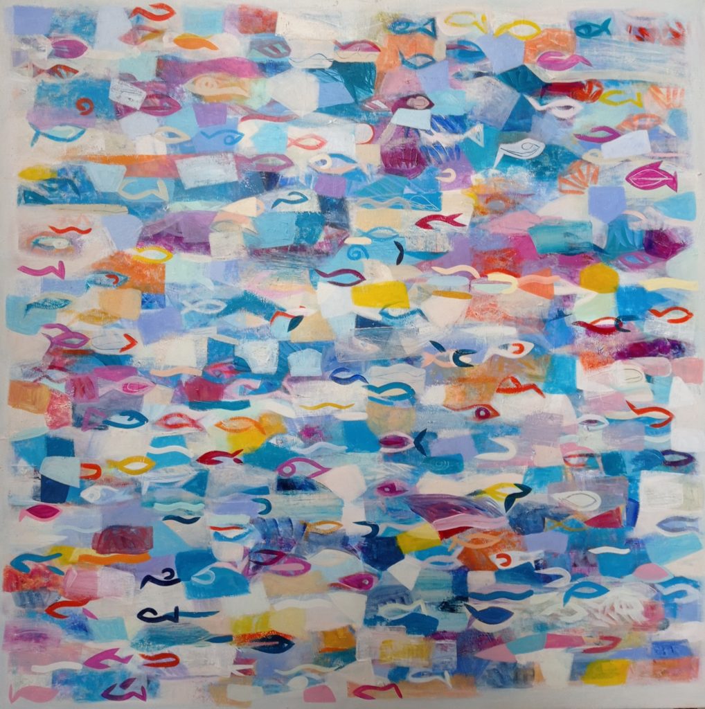 Nadin, Poissons, 2019, acrylique sur toile, 100 x 100 cm