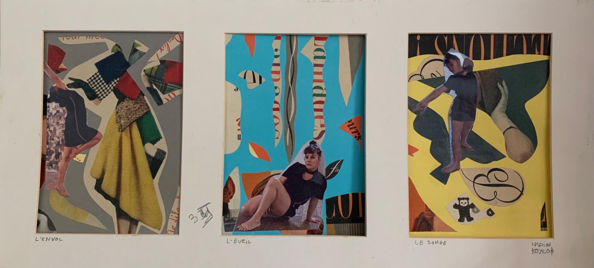 Mado, “Envol, Éveil, Songe”, 2020, collage, 12 x 17 cm x 3, collection privée